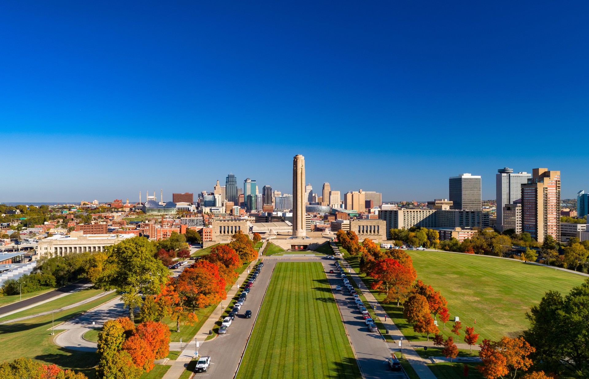 Kansas City Wide Angle Overview With Colorful Trees, Memorial, Skyline